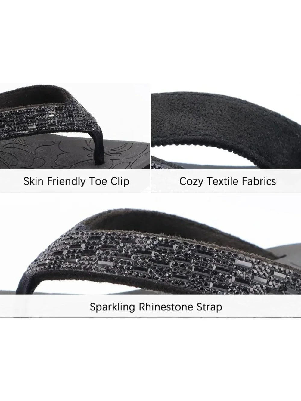Women's Black Summer Comfortable Wedge Flip Flop with Rhinestone Walking Sandals